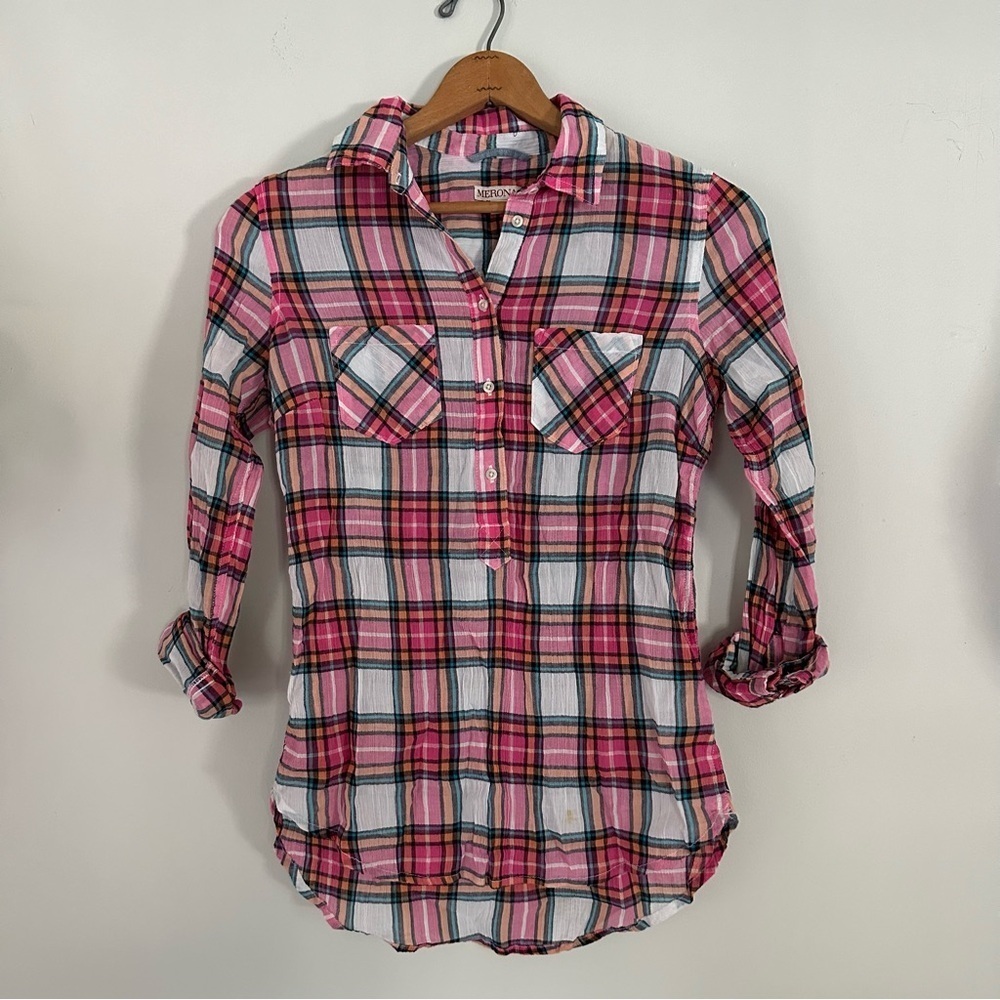 MERONA Crinkle Plaid Half Button Down Top